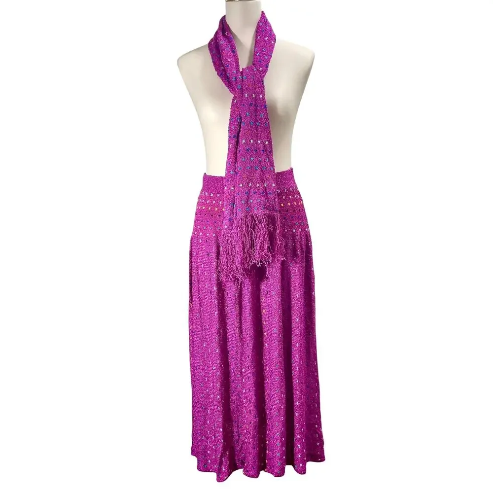 Vintage 80s Brenda French Magenta French Loom Skirt Scarf Set 25